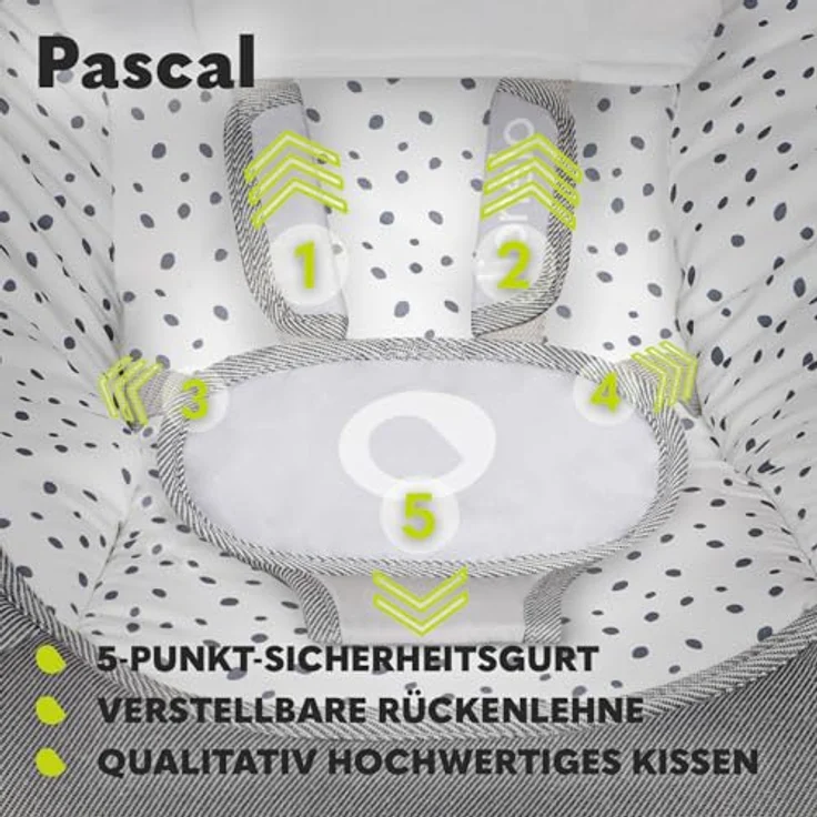 Lionelo Pascal Baby Wippe, mit sanften Vibrationen, 5 Melodien, Spielzeugkarussell, Kopfkissen und verstellbarer Rückenlehne, Energiesparsystem – Bild 5