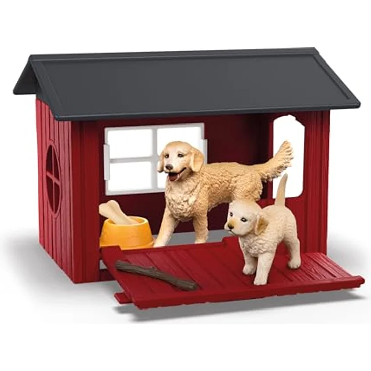 Schleich Hundehütte mit Golden Retrievern, rote Holz-Hundehütte mit Fenster und abnehmbarem Dach, 17 x 13 x 7,8 cm – Bild 4