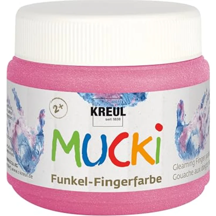 KREUL MUCKI Funkel Fingerfarben, 6 Glitzerfarben in Diamanten-Blau, Zauber-Lila, Feenstaub-Rosa, Drachen-Silber, Smaragd-Grün, Goldschatz, vegan, gut auswaschbar – Bild 2