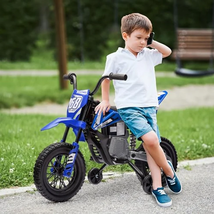 AIYAPLAY Elektro-Kindermotorrad 12V mit Musik, abnehmbaren Trainingsrädern, 2,4-5 km/h, Belastbarkeit 30 kg, Blau – Bild 2