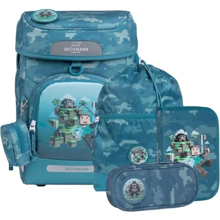 Beckmann Schulranzen Plus Air, 7-teiliges Set mit ergonomischem Tragesystem und individuellem Design, Jungle Game petrol