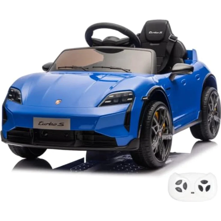 Vrooomy Porsche Taycan Turbo S Kinder Elektroauto, 12V mit Fernbedienung, für 1 bis 5 Jahre, Blau, MP3-Player, LED-Scheinwerfer, sanfter Anlauf – Bild 1