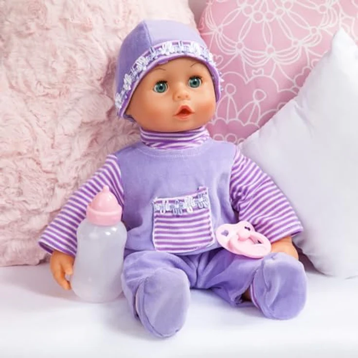 Bayer Babypuppe First Words Baby, 38 cm, lila, mit Schlafaugen und 24 Babygeräuschen, 3-tlg. Set mit Flasche und Schnuller – Bild 4