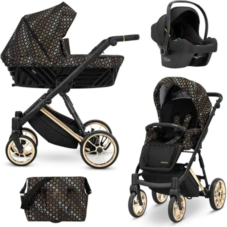 Kunert Ivento Premium 3in1 Kombikinderwagen, goldener Aluminiumrahmen, Farbe: Black Style, geländetaugliche Räder, inklusive umfangreichem Zubehör