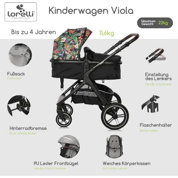 Lorelli Kinderwagen Viola 2 in 1, Kombikinderwagen bis 22 kg inkl. Babywanne und Sportsitz, Sportbuggy, Reisebuggy, Baby Buggy klein zusammenklappbar, große Gummireifen, Federung, blumenmotiv – Bild 2