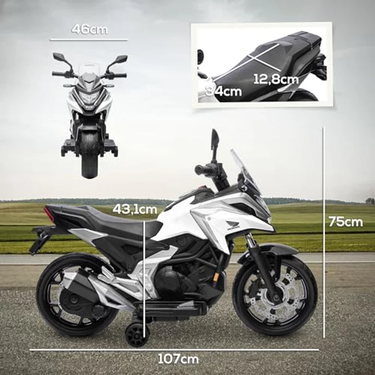 AIYAPLAY Elektro-Kindermotorrad 12V mit MP3, USB, LED-Scheinwerfer, 30 kg Belastbarkeit, für 3-6 Jahre, Weiß – Bild 5