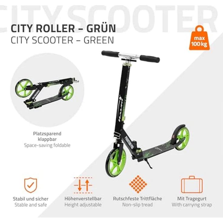 Hauki Cityroller Scooter Grün, klappbar & höhenverstellbar, XXL-Räder, Tritt-Bremse, Kick Roller für Kinder & Erwachsene bis 100kg – Bild 2