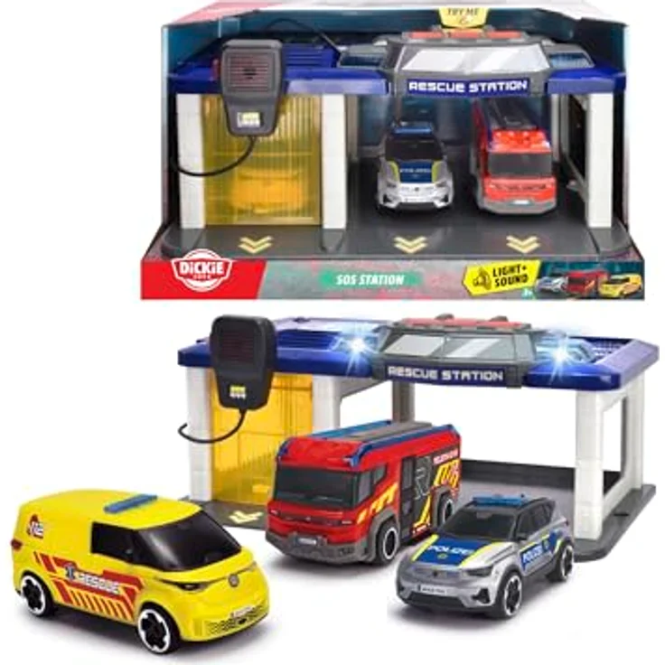 Dickie Toys Rescue Auto-Station, 2-in-1 Feuerwehr- & Polizeistation mit Licht & Sound, inkl. 3 Spielzeug-Autos (Polizeiwagen, Krankenwagen, Feuerwehrwagen), für Kinder ab 3 Jahre, 31x22 cm, inkl. Batterien
