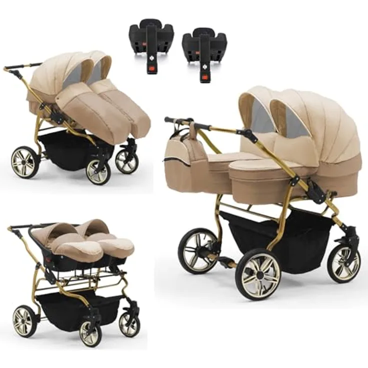 Elcar Zwillingskinderwagen 5 in 1 Duet Lux Goldedition inkl. Autositze und Iso Bases - 14 Teile - in 20 Farben