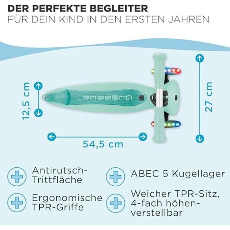 Globber Go-Up Active Lights 360, 3-in-1 Scooter für Kinder, faltbar mit LED-Beleuchtung, höhenverstellbarem Sitz und Lenker, blau – Bild 7