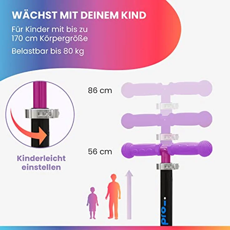 fun pro Two Roller Kinder, faltbarer Premium Tretroller mit LED-Rädern, höhenverstellbar, für 5-9 Jahre, bis 80 kg, Händler aus Hamburg – Bild 4