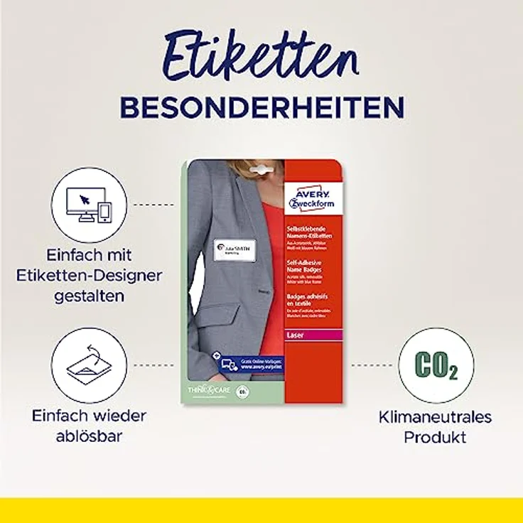 Avery Zweckform J4882-20 Namensetiketten (200 Namensaufkleber, 85x50 mm auf A4, selbstklebend, bedruckbare ovale Textiletiketten für Inkjetdrucker, rückstandsfrei ablösbar) 20 Blatt, weiß – Bild 2