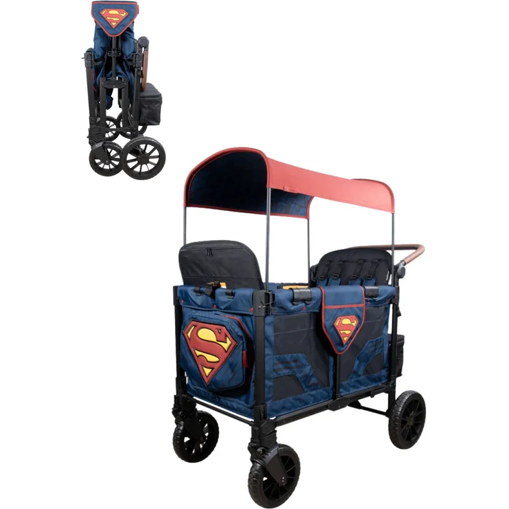 Wonderfold W4 Luxe Pro Kinderwagen für 4 Kinder, faltbarer Geschwisterwagen, Superman Edition