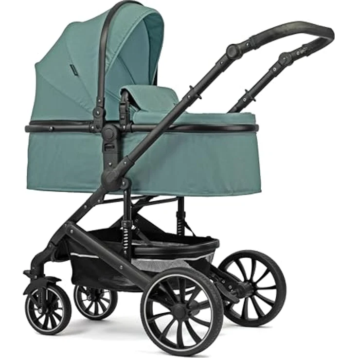Pixini Kinderwagen Kalani 3in1 Kombikinderwagen, mint - mehrfach verstellbare Rückenlehne, 11-fach höhenverstellbarer Schieber, große Hinterräder, gefederte Vorderräder – Bild 2