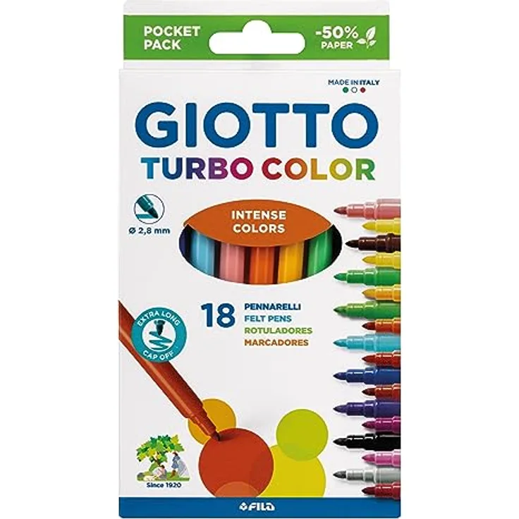 GIOTTO Turbo Color Filzstifte, 18 Farben mit feiner Spitze, wasserbasierte Tinte, abwaschbar, ventilierte Kappe