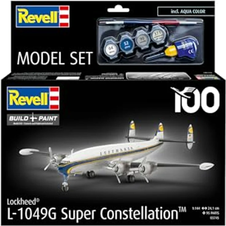 Revell 63745 Modellset Lockheed L.1049G Super Constellation, Plastikmodellbausatz im Maßstab 1:144 mit Zubehör, ungebaut/unlackiert, inklusive Grundfarben, Modellkleber und Pinsel – Bild 2