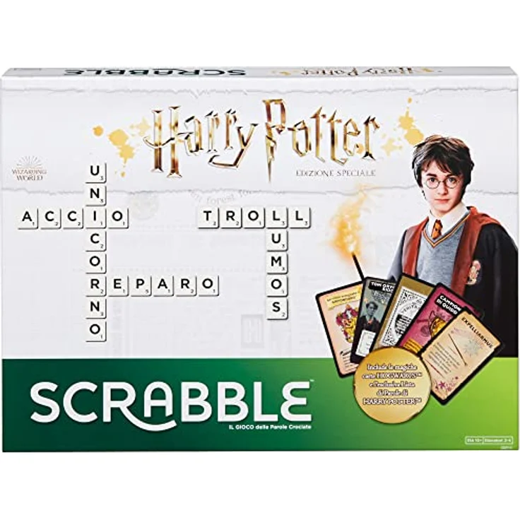 Mattel Games Scrabble Harry Potter, Italienische Version mit exklusivem Harry Potter Glossar und 36 Hogwarts Karten – Bild 5