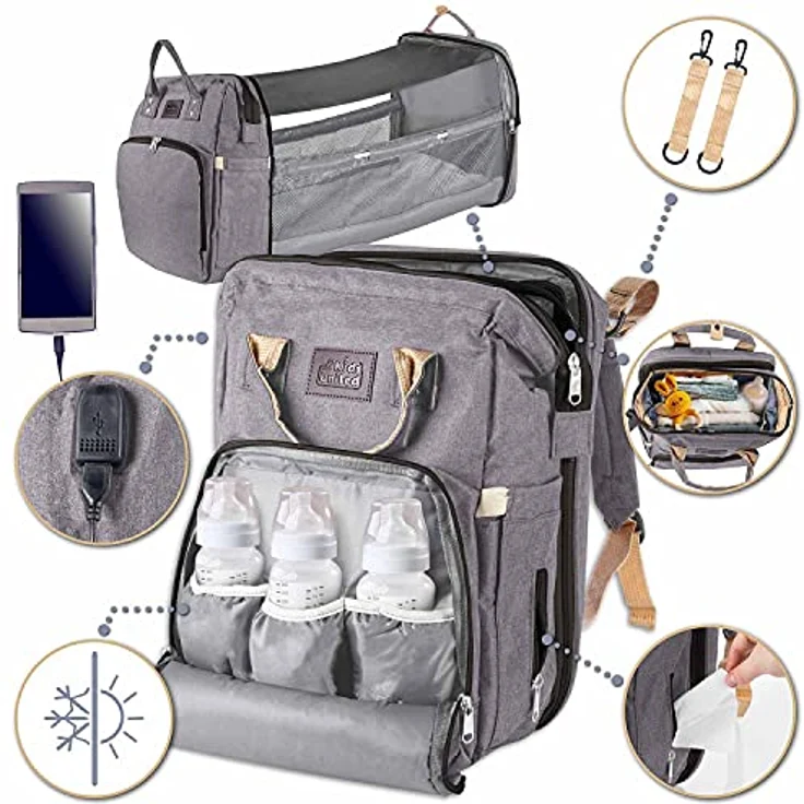 all Kids United® Baby Wickelrucksack Deluxe, Wickeltasche mit integriertem Kinderbett, Wickelauflage, USB Ladeausgang, wasserfest, grau – Bild 2