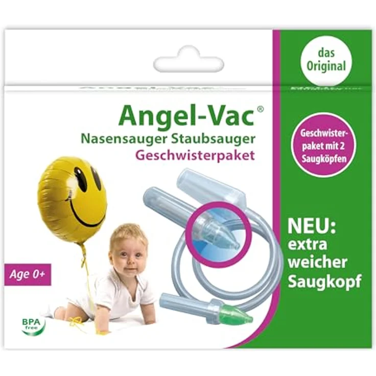 Nasensauger Baby, Angel-Vac, Mit 2 Stück EXTRA WEICHEN Saugköpfen Standard Staubsauger, Geschwister-Paket, Das Original seit 30 Jahren – Bild 1