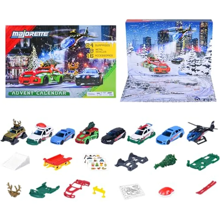 Majorette Auto Adventskalender 2025, Weihnachtskalender mit 8 Metallspielzeugautos und 16 Zubehörteilen, inkl. 24 Fenster und Spielfläche für Kinder ab 5 Jahren