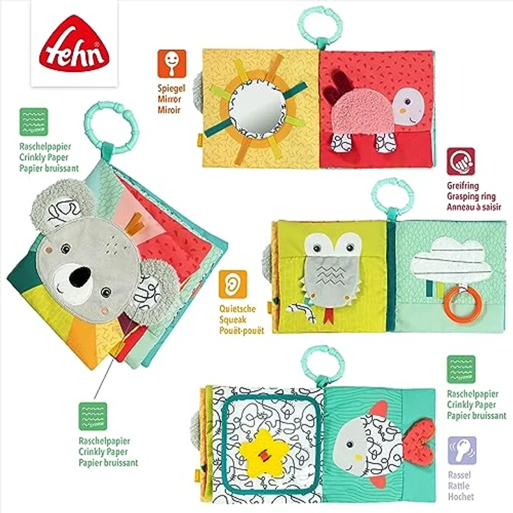 Fehn Stoffbuch Koala – Baby Fühlbuch aus Stoff mit Tier-Motiven: Knisterbuch zum Fühlen, Greifen und Staunen – zum Aufhängen für Kinderwagen und Babyschale – für Babys und Kleinkinder ab 3+ Monaten – Bild 3