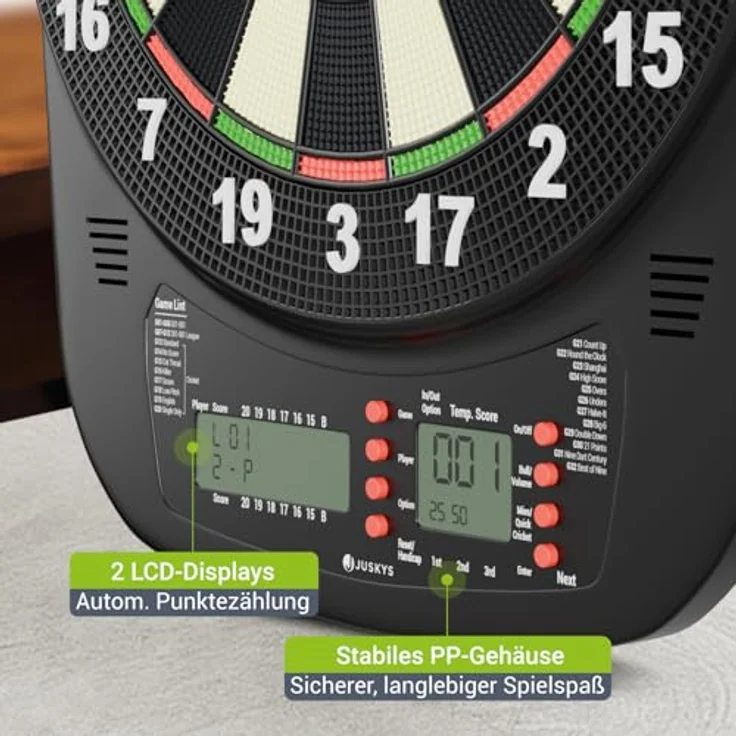 Juskys Elektronische Dartscheibe DART32, 32 Spiele & 359 Varianten, LCD-Display, USB-C, bis zu 8 Spieler, inkl. 18 Pfeilen & Zubehör, Netz- & Batteriebetrieb – Bild 4