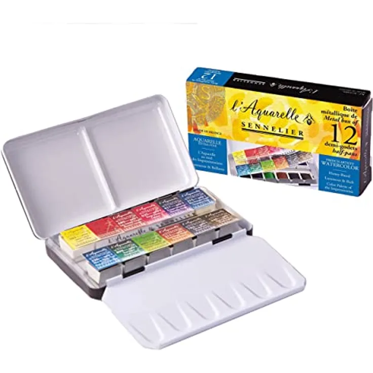 Sennelier Aquarell Zinn Metallic 12-teilig Pocket Set, praktische Farbpalette im Kofferformat