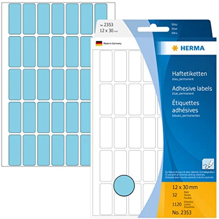 HERMA 2353 Etiketten blau, 32 Blatt, 12 x 30 mm, 35 pro Bogen, 1120 Aufkleber, selbstklebend, Vielzweck Klebeetiketten zum Beschriften, Universal Haftetiketten aus Papier, blanko – Bild 1
