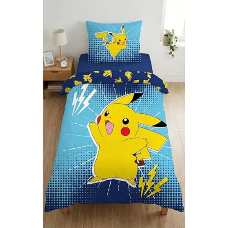Halantex POKEMON Pikachu elektrisch – Bettwäsche-Set, 140 x 200 cm Bettbezug + 70 x 90 cm Kissenbezug, wendbar, 100 % Polyester, blau, schadstoffgeprüft nach Oeko-Tex Standard 100
