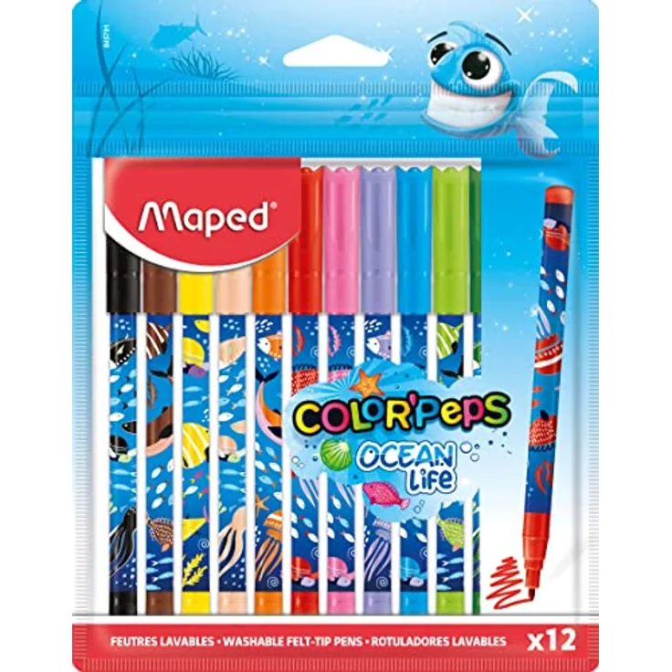 Maped - Filzstifte OCEAN LIFE - 12 Stück - 2 mm mittlere Spitze - perfekt zum Zeichnen und Malen - resistente Spitze (nicht blockiert) - kräftige Farben - wiederverwendbare Kunststoff-Tasche