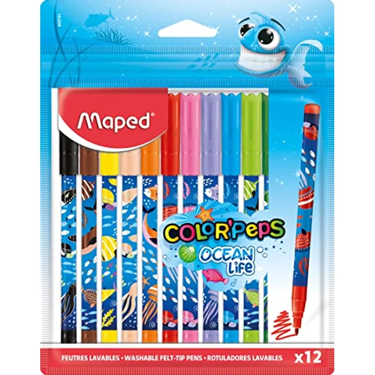 Maped - Filzstifte OCEAN LIFE - 12 Stück - 2 mm mittlere Spitze - perfekt zum Zeichnen und Malen - resistente Spitze (nicht blockiert) - kräftige Farben - wiederverwendbare Kunststoff-Tasche
