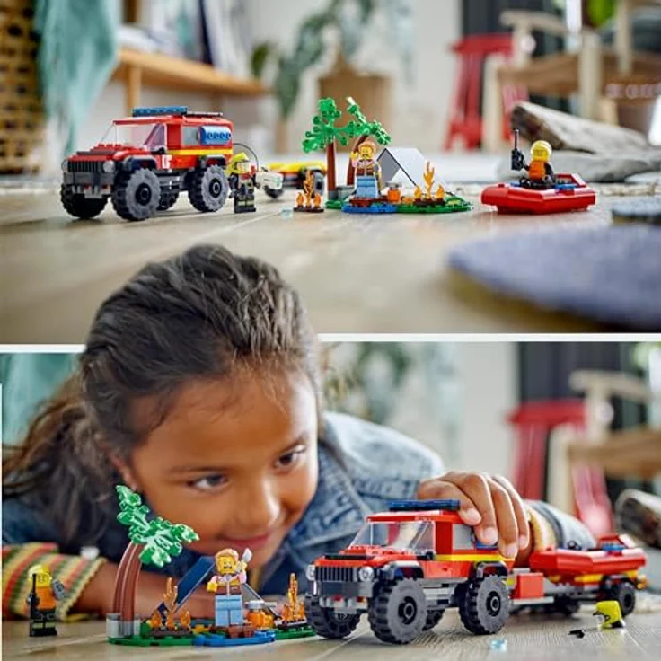 LEGO 60412 City Feuerwehrgeländewagen mit Rettungsboot, Offroad-Auto-Spielzeug für Kinder ab 5 Jahren, Rettungswagen mit Schlauchboot, Anhänger, Zelt und 3 Minifiguren, Geschenk für Jungs und Mädchen – Bild 5