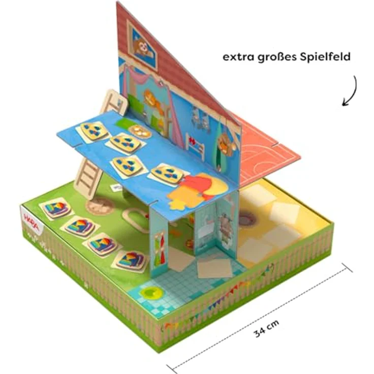 HABA Im Kindergarten Spielesammlung, 10 Spielideen im 3D-Spielhaus mit 5 Holzfiguren, ab 2 Jahren – Bild 4