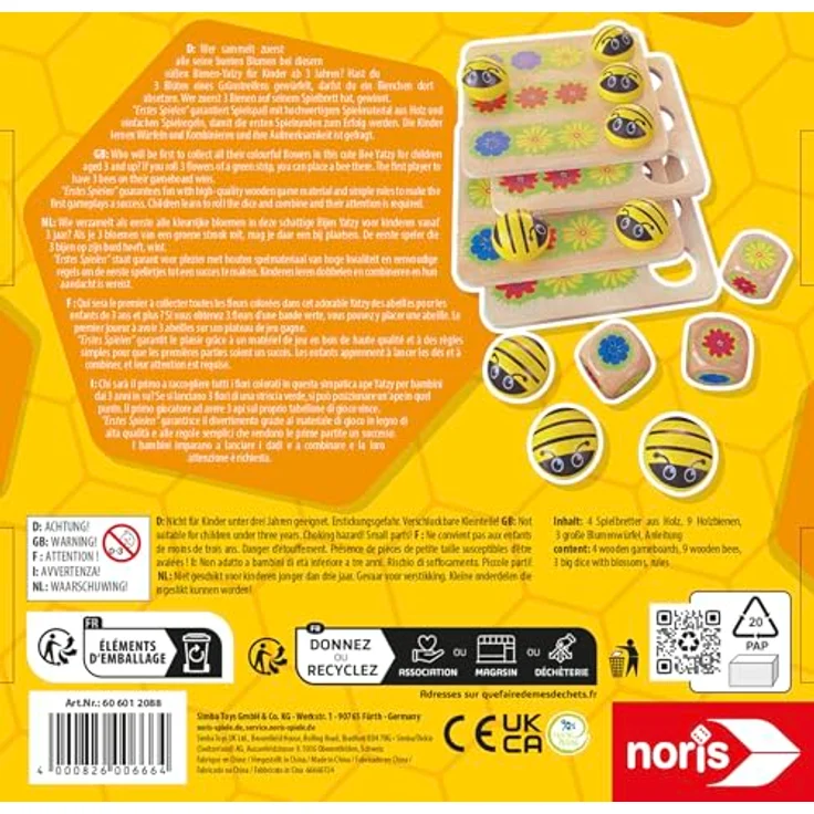 Noris Bee Yatzy, Brettspiel mit Bienen und Holz-Würfeln, ab 3 Jahren, für 1-4 Spieler, ideales Spielzeug für erstes Spielen – Bild 2