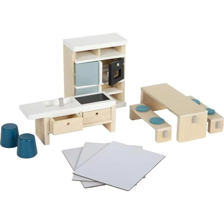 Small Foot Puppenhausmöbel Küche, 11tlg. Puppenhausküchen-Set mit Hochschrank, Kücheninsel und Sitzgruppe, Naturholz mit modernen Akzenten – Bild 1