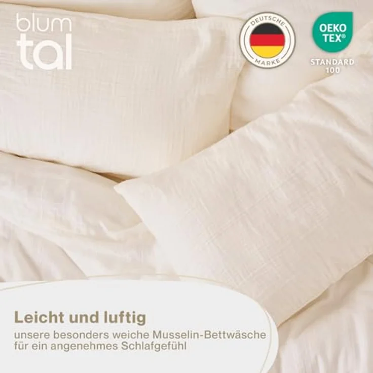 Blumtal Musselin Bettwäsche 200x200 cm - Oeko-TEX zertifizierte atmungsaktive Baumwolle - Sommerbettwäsche Beige – Bild 2