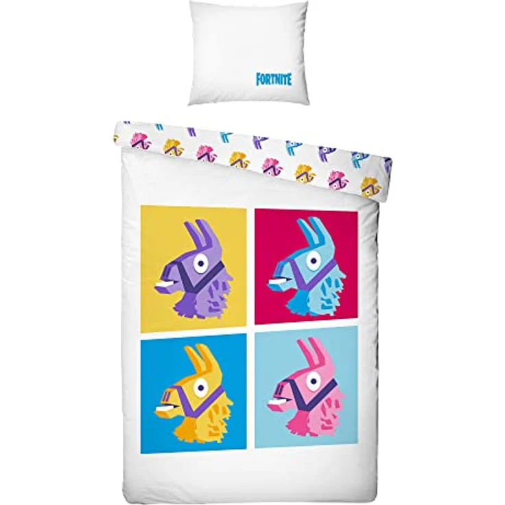BERONAGE Fortnite Wende-Bettwäsche Lama 135 x 200 cm + 80 x 80 cm 100% Baumwolle Renforcé-Linon-Qualität Kinderbettwäsche Battle Royale Loot Lake Salty Springs Tilted Towers Skins 2 Motive Reißverschluss, bunt – Bild 2