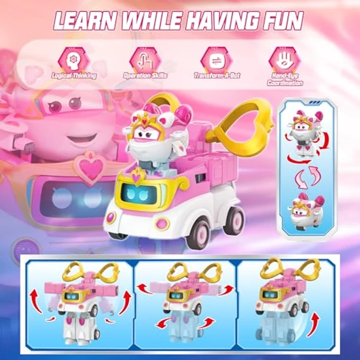 Super Wings Verwandlungsroboter Sara, 15,5 cm 2-in-1 Fahrzeugspielzeug mit 5 cm Figur, rosa, für Kinder ab 3 Jahren – Bild 4