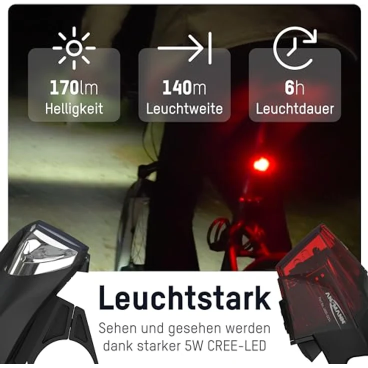 Ansmann Fahrradlicht Set StVZO zugelassen mit CREE LED 170 Lumen / USB aufladbar / 140m Leuchtweite, rear – Bild 3