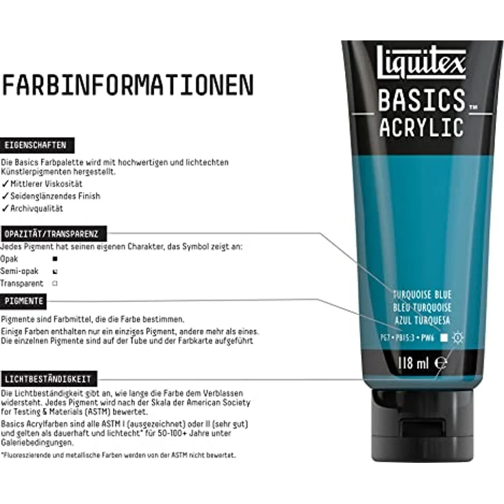 Liquitex Basics Acrylfarbe Türkisblau, 118ml Tube, lichtecht, mittlere Viskosität, seidenglänzend, monopigmentiert, Archivqualität – Bild 3