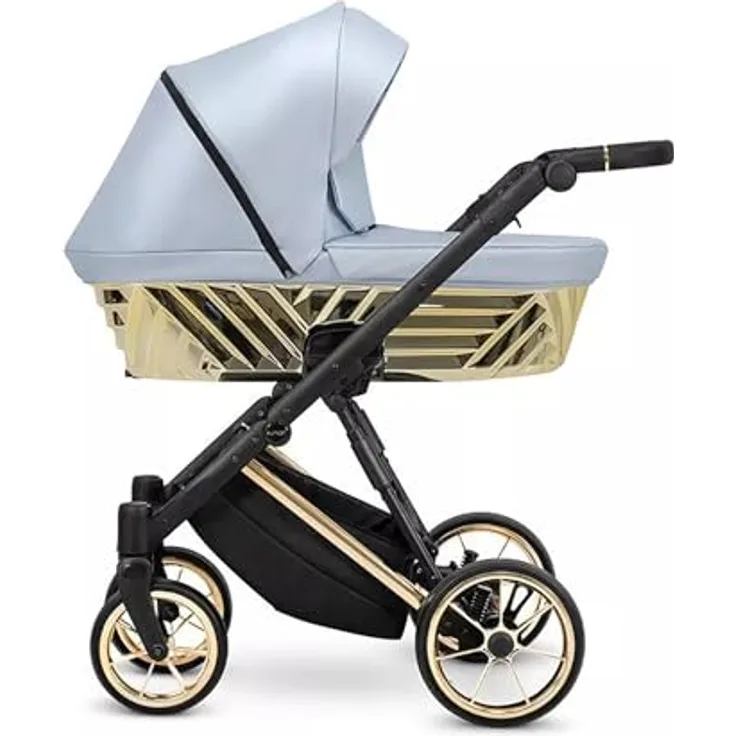 Kunert IVENTO GLAM Kinderwagen 2 in 1, Sportwagen und Babyschale Komplettset, Eco Baby Blue Metallic mit Goldrahmen