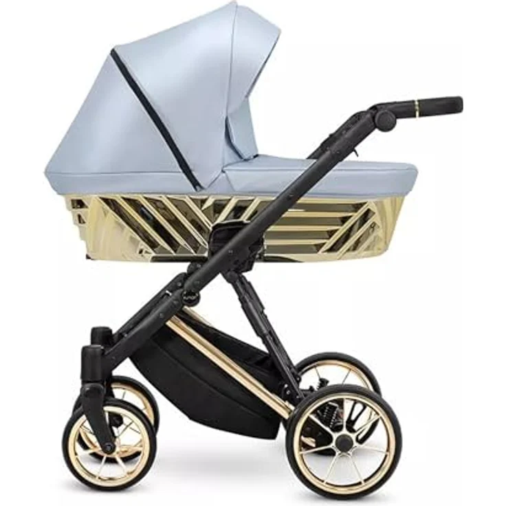 Kunert IVENTO GLAM Kinderwagen 2 in 1, Sportwagen und Babyschale Komplettset, Eco Baby Blue Metallic mit Goldrahmen – Bild 1