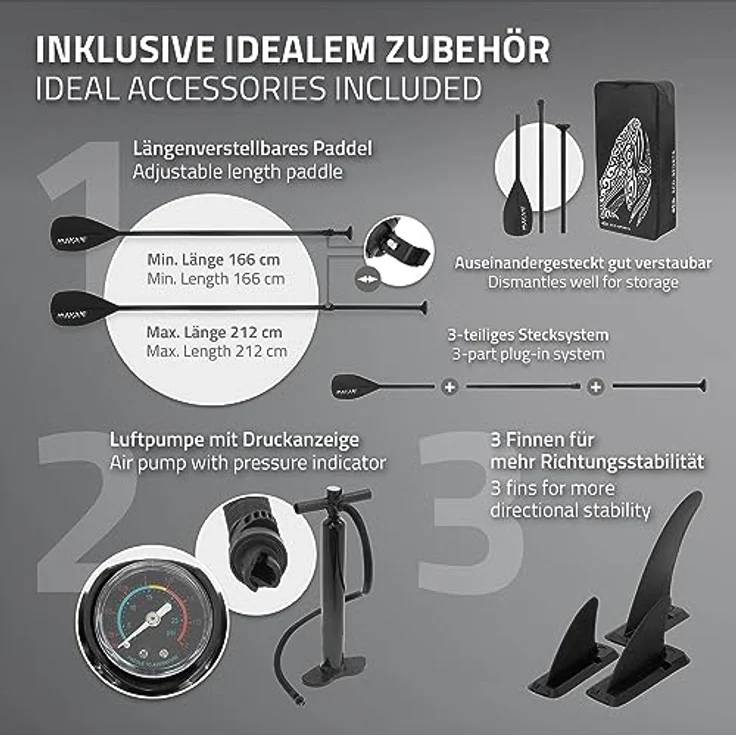 ECD Germany Aufblasbares Stand Up Paddle Board Makani | 320x82x15 cm | Schwarz | PVC | bis 150 kg | Pumpe Tragetasche Zubehör – Bild 4
