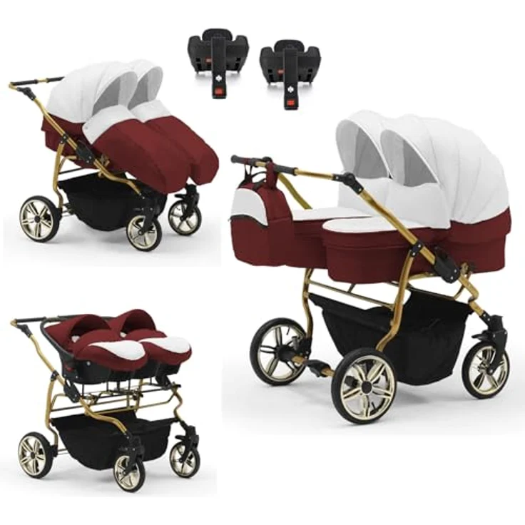 Elcar Zwillingskinderwagen 5 in 1 Duet Lux Goldedition inkl. Autositze und Iso Bases - 14 Teile - in 20 Farben – Bild 1