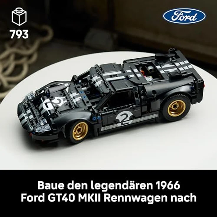 LEGO Technic 1966 Ford GT40 MKII, Bauset für Erwachsene mit lenkbaren Rädern und V8-Motor, schwarz-silberne Rennlackierung, 42223 – Bild 2