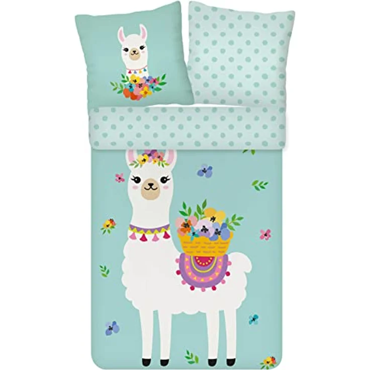 ESPiCO Bettwäsche Trendy Bedding Lama Blumen & Punkte, 100% Baumwolle, Wendeoptik, 135 cm x 200 cm, mintgrün – Bild 1