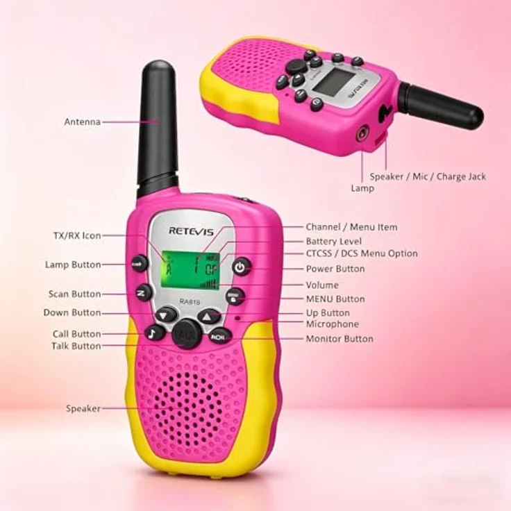 Retevis RA618 Walkie Talkie Kinder, 8 Kanäle, VOX-Funktion, bis zu 3 km Reichweite, rosa, 1 Paar – Bild 4