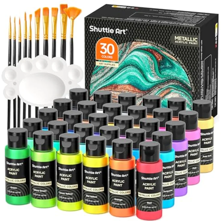 Shuttle Art Metallic Acrylfarben Set, 30 bunte Metallic Acrylfarben (60 ml), inkl. 10 Pinsel und 1 Palette, für Leinwand und Holz, ungiftig und schnell trocknend – Bild 1