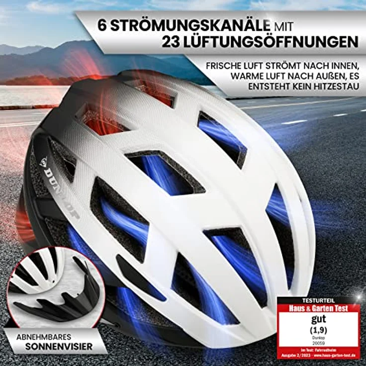 Dunlop Sports Fahrradhelm mit Licht - Ultraleichter Spezial Damen Herren Kinder Fahrrad Helm Visier und Rücklicht - Urban (Weiß/Schwarz, L (58-62 cm)) – Bild 5