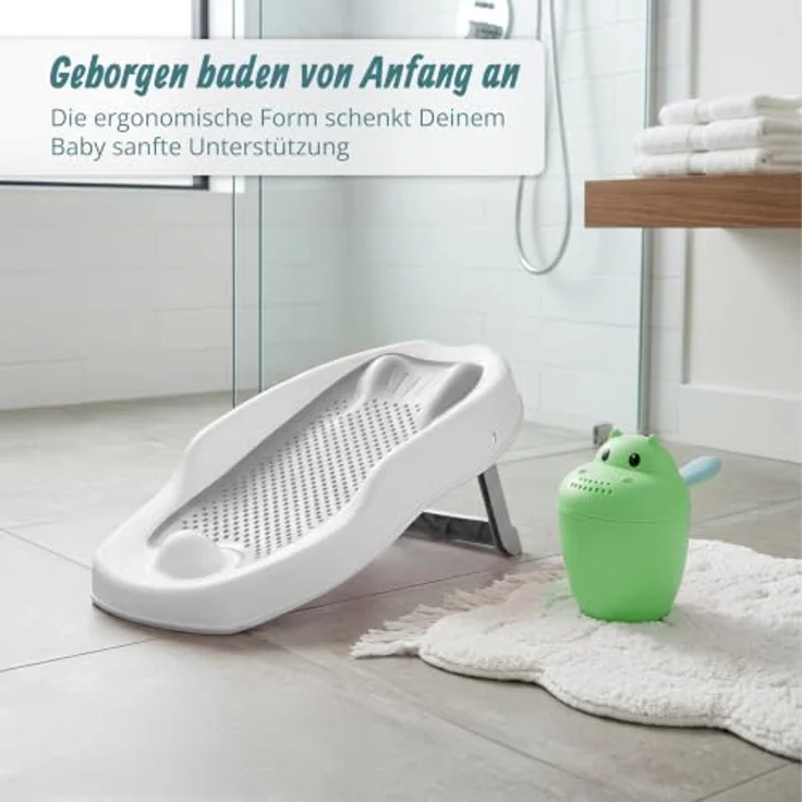 Relaxdays Baby-Badehilfe Set, tränenfreier Haarwaschbecher mit ergonomischer Liegeposition, grau – Bild 2